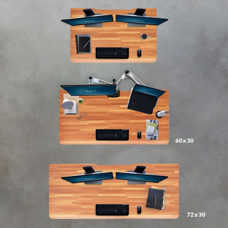 overhead view of three different size desks a 48 inches by 30 inches 60 inches by 30 inches and 72 inches by 30 inches  image number null